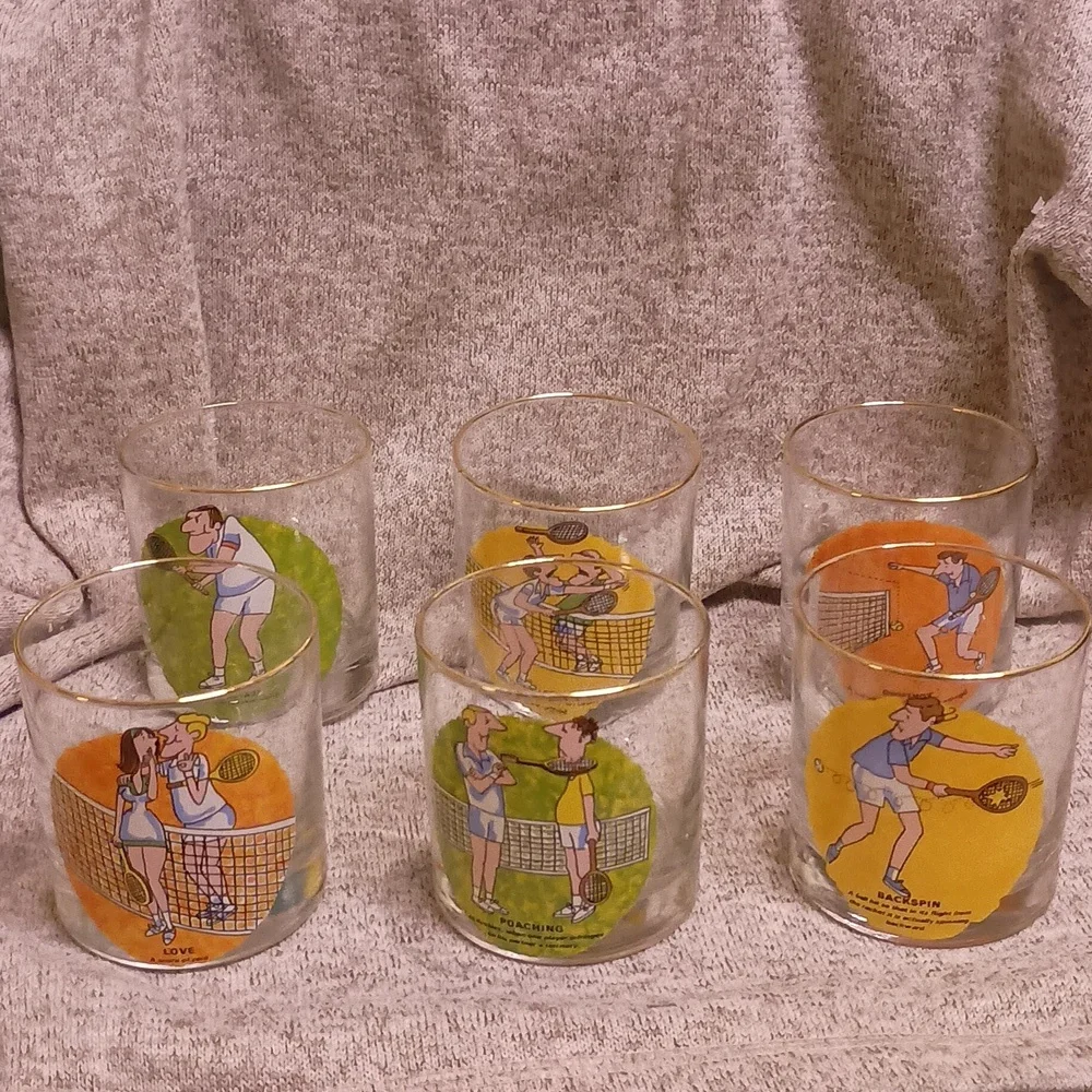 Vintage Carl Ashby Tennis Whiskey glasses Set of 6 NO CALL OUTS. Complete set!
